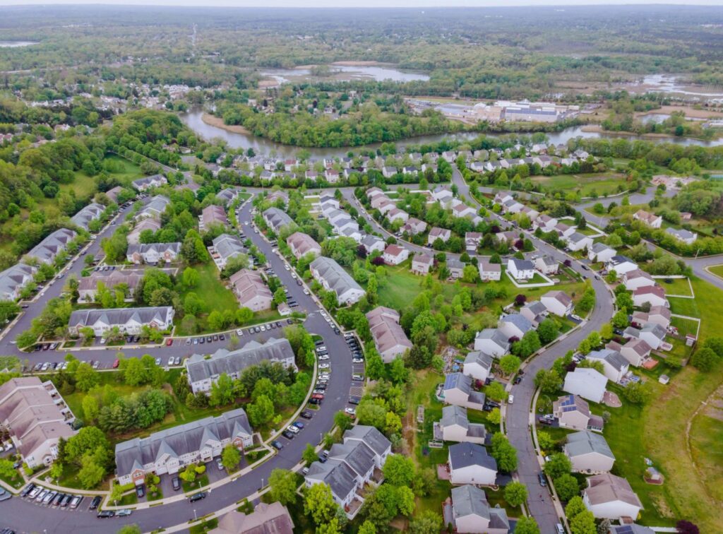 Aerial view of a suburban Massachusetts neighborhood perfect for an ADU from trusted MBA builders