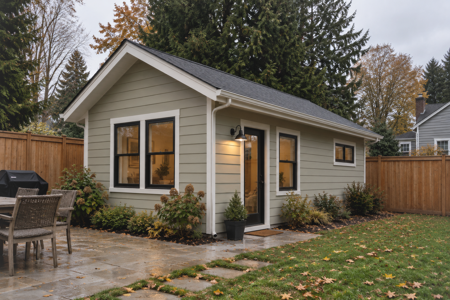 A small light-green detached backyard studio with a gabled roof, black-framed windows, and a glass-paneled door, situated on a stone patio.